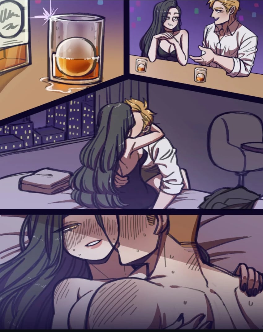 alcohol bed black_hair date hotel long_hair neck_kiss neck_kissing one_night_stand