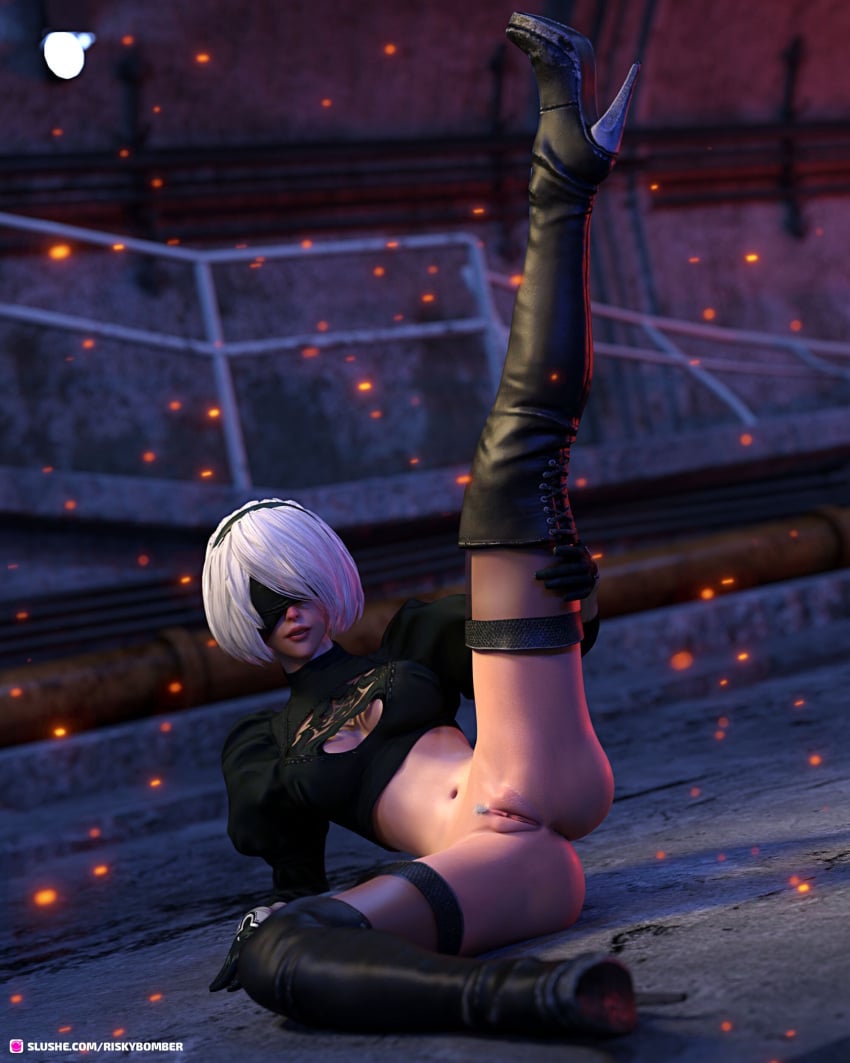 1girls 3d black_blindfold blindfold blindfolded bottomless clothed clothing depth_of_field fanart female female_only gray_hair gray_pubic_hair grey_hair grey_pubic_hair high_heel_boots high_heels indoors large_breasts leg_up looking_at_viewer nier:_automata one_leg_up ornate_clothing pubic_hair riskybomber short_hair slushe_(website) solo solo_female spread_legs thighhighs white_hair white_pubic_hair yorha_2b