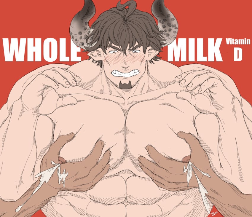 animal_ears bara barawa blush cow_ears draph facial_hair granblue_fantasy hitorin horns lactation male male_lactation male_only muscles muscular nude