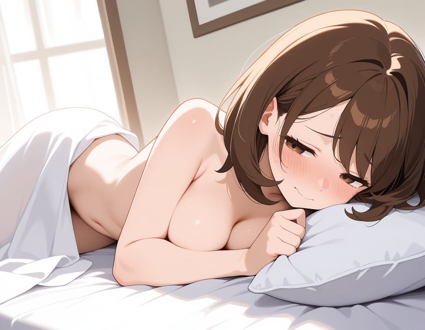 1girls ai_generated bangs bed bedroom blush brown_hair close-up gloria_(pokemon) hips kslgsnb laying_down laying_on_bed looking_away medium_breasts naked naked_female navel nervous on_bed pillow pokemon pokemon_ss sheets short_hair shy solo solo_female wide_hips yodayo