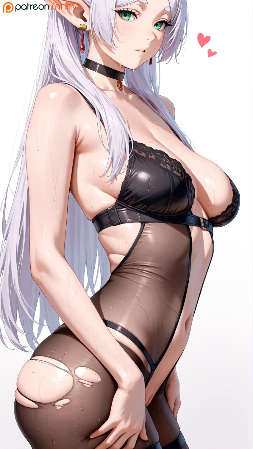 1girls ai_generated black_bra choker elf elf_ears elf_female elf_girl female frieren green_eyes heart_symbol long_hair looking_at_viewer medium_breasts nnnyr perfect_body pleasure_face solo solo_female solo_focus sousou_no_frieren stable_diffusion standing stockings straps thighhighs torn_clothes torn_clothing twintails visible_pussy wet wet_body wet_pussy wet_skin white_hair white_skin