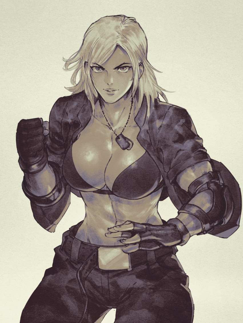 1girls bikini bikini_under_clothes breasts camouflage_jacket camouflage_pants camouflage_print cleavage clothed dark-skinned_female dark_skin david_liu dog_tags female fingerless_gloves fist gloves greyscale large_breasts monochrome open_shirt silver_hair solo vanessa_lewis virtua_fighter