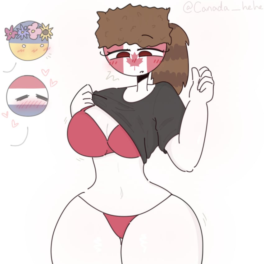 1boy 2girls big_ass big_breasts black_shirt blush canada_(countryhumans) countryballs countryhumans countryhumans_girl looking_down netherlands_(countryhumans) pulled_up_shirt red_bra red_eyes red_panties red_underwear semi_nude thick_thighs ukraine_(countryhumans) white_body white_skin xx.canada.xx