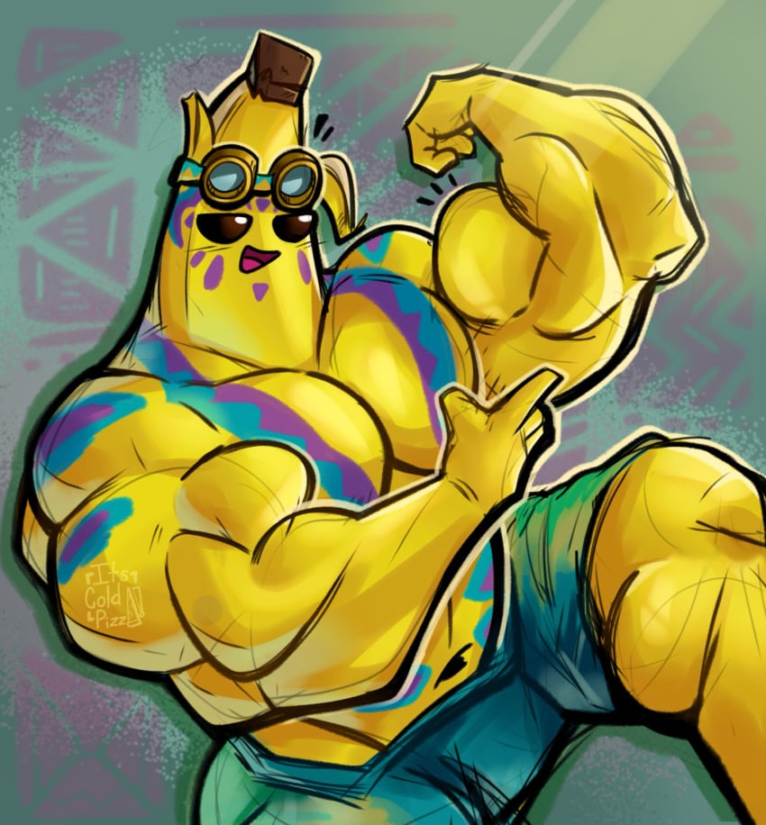 banana epic_games flexing_arm fortnite goggles island_adventure_peely its_coldpizzart muscles muscular muscular_male non-human pecs peely swimming_trunks yellow_body