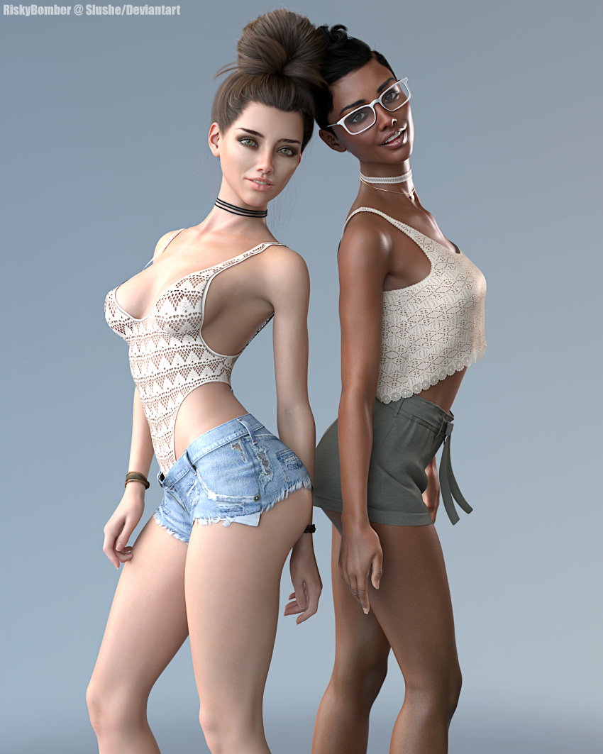 2girls 3d bracelet choker dark-skinned_female dark_skin female female_only glasses gold_necklace gray_background green_skirt grey_background heart_necklace jean_shorts kayla_(riskybomber) leotard looking_at_viewer medium_breasts multiple_girls necklace pinup riskybomber simple_background skirt slushe_(website) small_breasts smile solid_color_background standing white_choker white_glasses