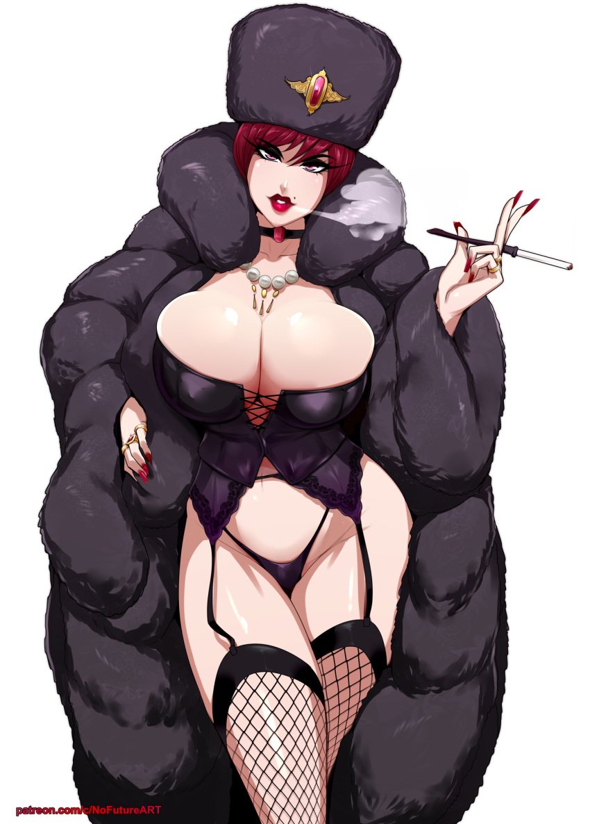 1girls big_breasts choker cigarette cleavage corset eyelashes female female_only fishnet_stockings fur_coat fur_hat garter_straps hat hi_res light-skinned_female light_skin looking_at_viewer mole mole_above_mouth narrowed_eyes nofuture pearl_necklace pink_eyes red_hair red_lipstick red_nail_polish smoking solo stockings white_background