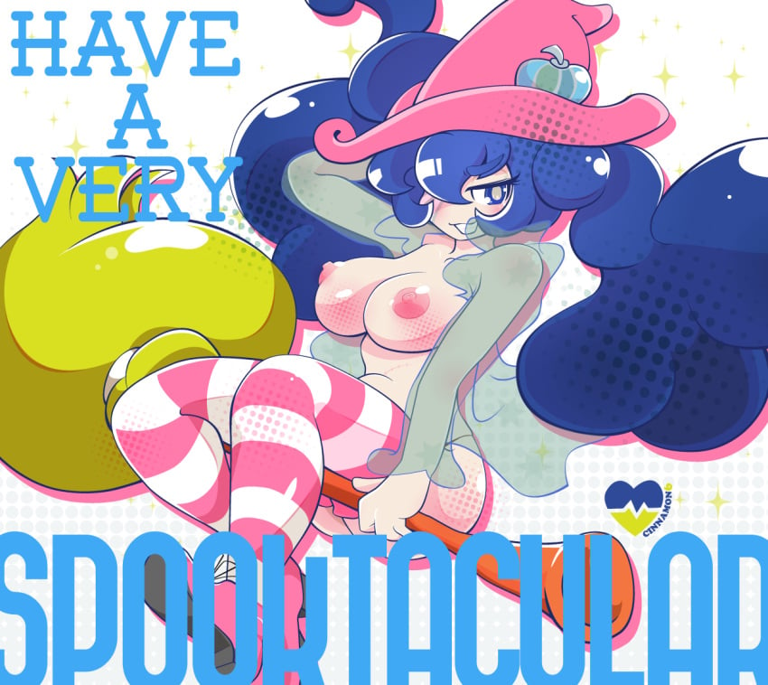 blue_hair broom broom_riding broomstick cinnamon6 english_text erect_nipples eyebrows_visible_through_hair female halloween hatsune_miku large_breasts see-through solo striped_legwear thick_eyebrows twintails vocaloid witch witch_hat