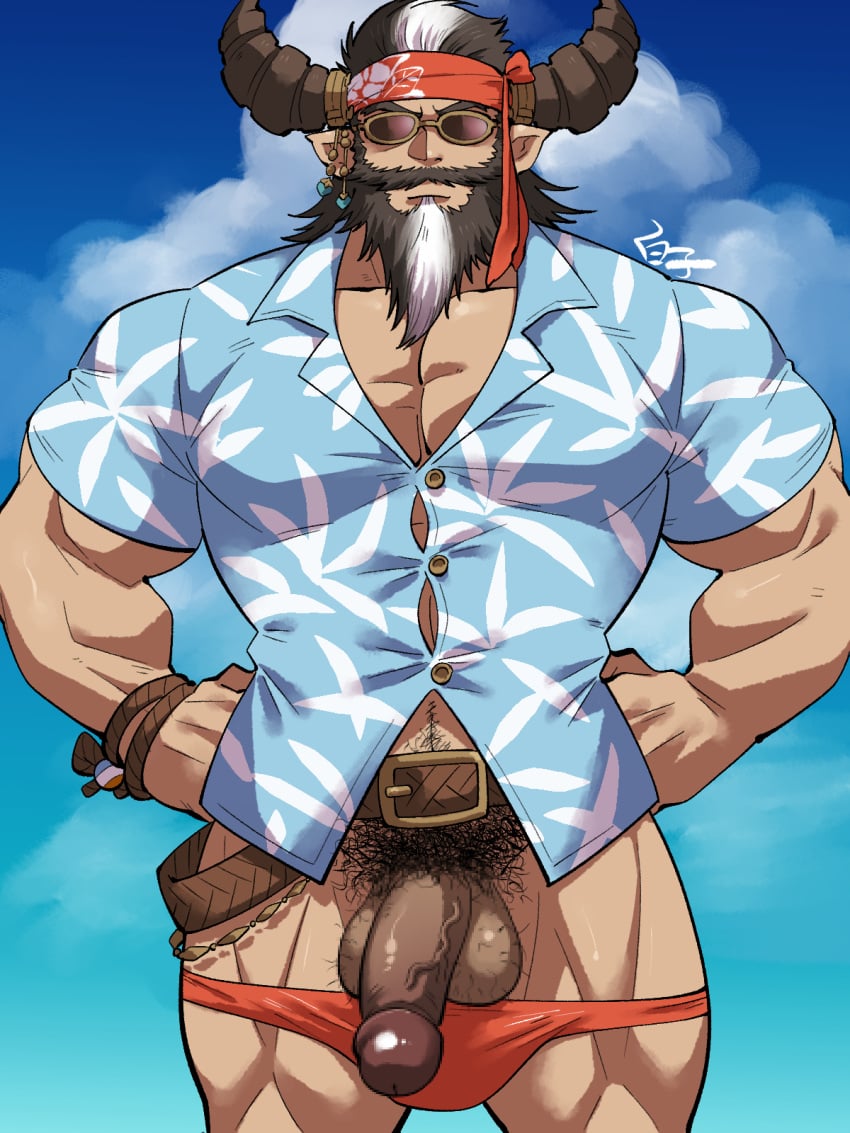 41raco animal_ears balls bara beard cow_ears draph facial_hair flaccid granblue_fantasy horns male male_only muscles muscular penis redluck solo solo_male