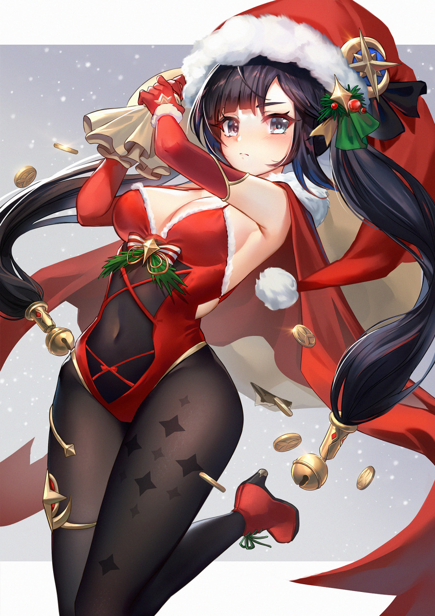 1girls abs absurd_res arms_up belly_button black_hair black_leggings black_legwear blush bodysuit breasts christmas christmas_clothing christmas_hat christmas_outfit coins female genshin_impact grey_eyes heels hi_res highres hips lalazyt leggings leotard looking_at_viewer midriff mona_(genshin_impact) pigtails red_leotard sack santa_hat see-through see-through_clothing slim_waist small_waist solo thick thick_thighs thighs tight_clothing twintails waist wide_hips