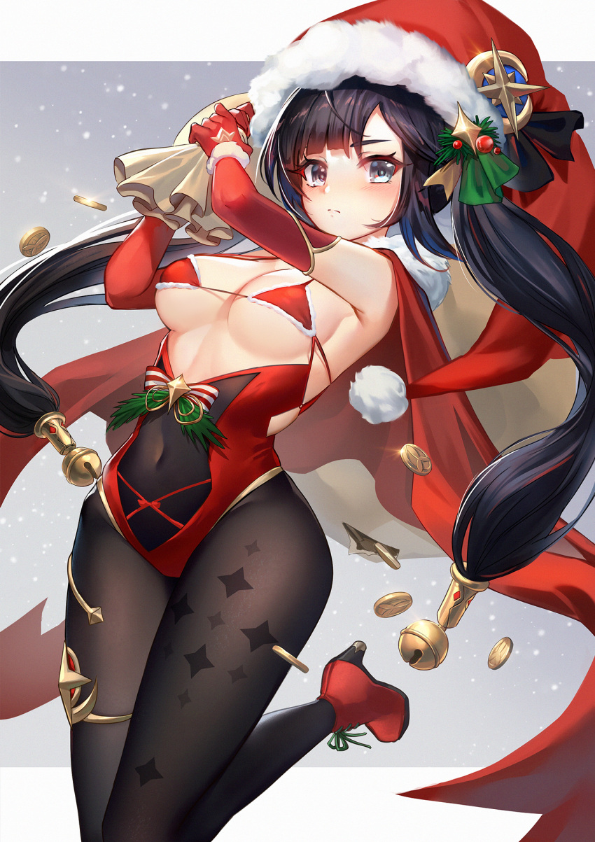 1girls abs absurd_res arms_up belly_button bikini bikini_top black_hair black_leggings black_legwear blush bodysuit breasts christmas christmas_clothing christmas_hat christmas_outfit cleavage coins female genshin_impact grey_eyes heels hi_res highres hips lalazyt leggings leotard looking_at_viewer micro_bikini micro_bikini_top midriff mona_(genshin_impact) pigtails red_bikini red_bikini_top red_leotard sack santa_hat see-through see-through_clothing slim_waist small_waist solo thick thick_thighs thighs tight_clothing twintails underboob waist wide_hips