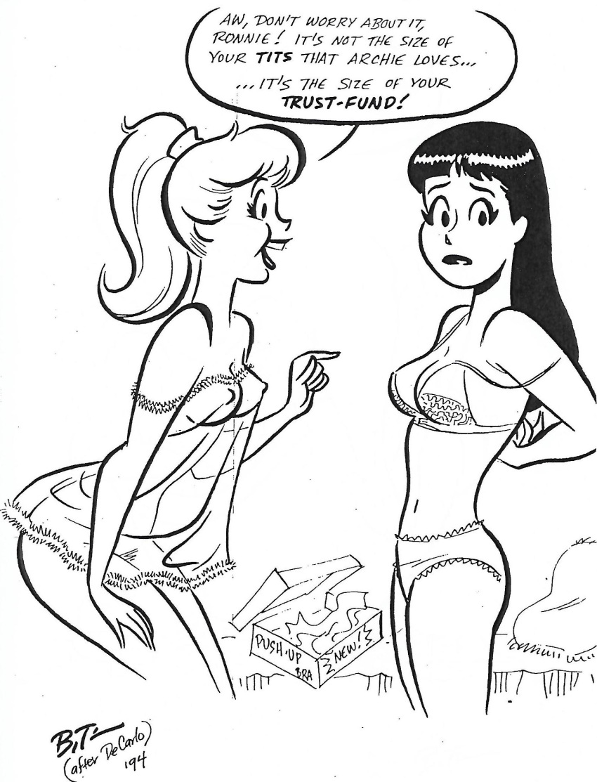 1990s 1994 20th_century 2girls archie_comics betty_and_veronica betty_cooper black_and_white bra bruce_timm dated english_text female human nightgown nipples panties see-through_clothing see-through_nightgown teenager underwear_only veronica_lodge