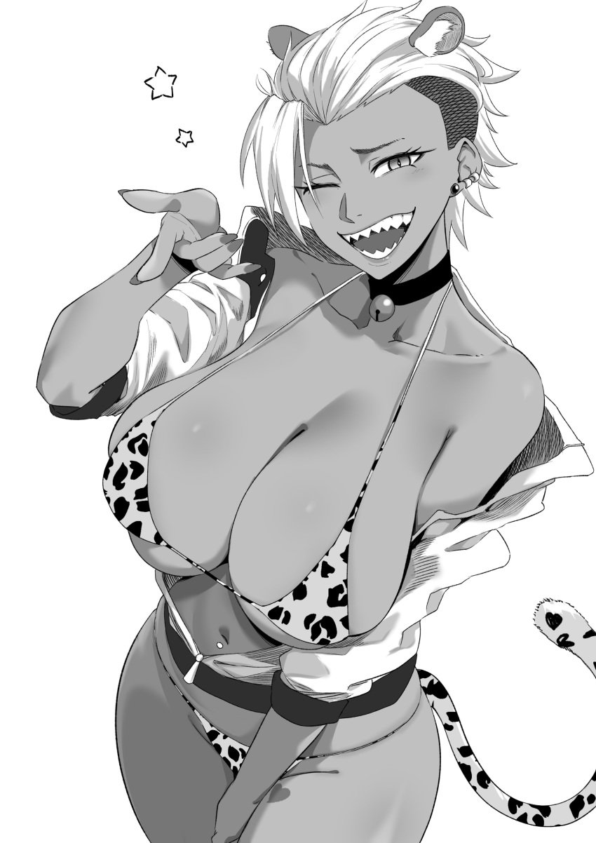 1girls bell_choker bikini blowing_kiss breasts choker dark-skinned_female dark_skin ear_piercing earrings female gina_(nesz) greyscale gyaru huge_breasts kemonomimi_mode leopard_ears leopard_print leopard_print_bikini leopard_tail looking_at_viewer monochrome navel navel_piercing nesz off_shoulder original sharp_teeth slit_pupils solo spaghetti_strap strap_gap tail underboob undercut wink