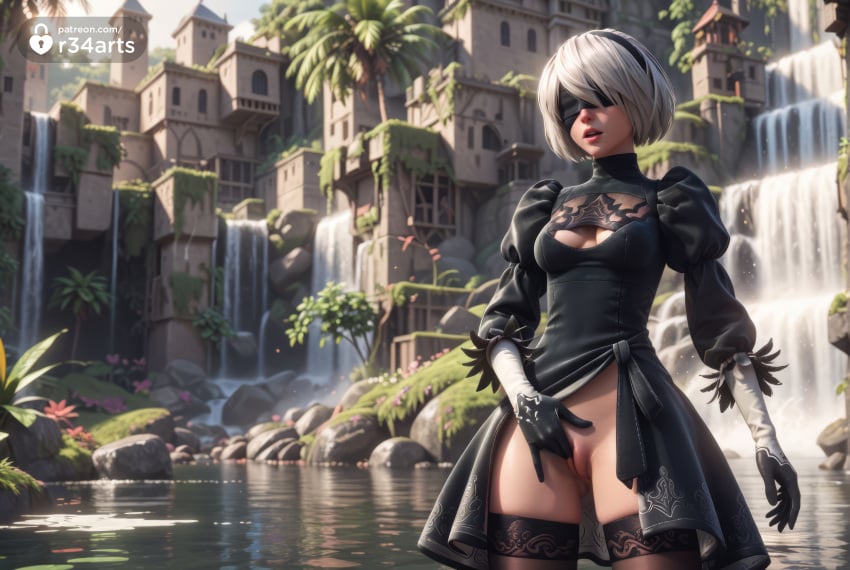 1girls 2b_(nier:automata) ai_generated artist_name black_blindfold black_dress black_gloves black_hairband black_thighhighs blindfold breasts building cleavage cleavage_cutout clothing_cutout covered_eyes day dress facing_viewer feather-trimmed_sleeves gloves hairband hi_res lips long_sleeves medium_breasts mole mole_under_mouth nier:_automata nier_(series) nier_replicant no_panties outdoors parted_lips puffy_sleeves pussy r34arts short_hair solo standing thighhighs tree uncensored water waterfall white_hair yorha_2b