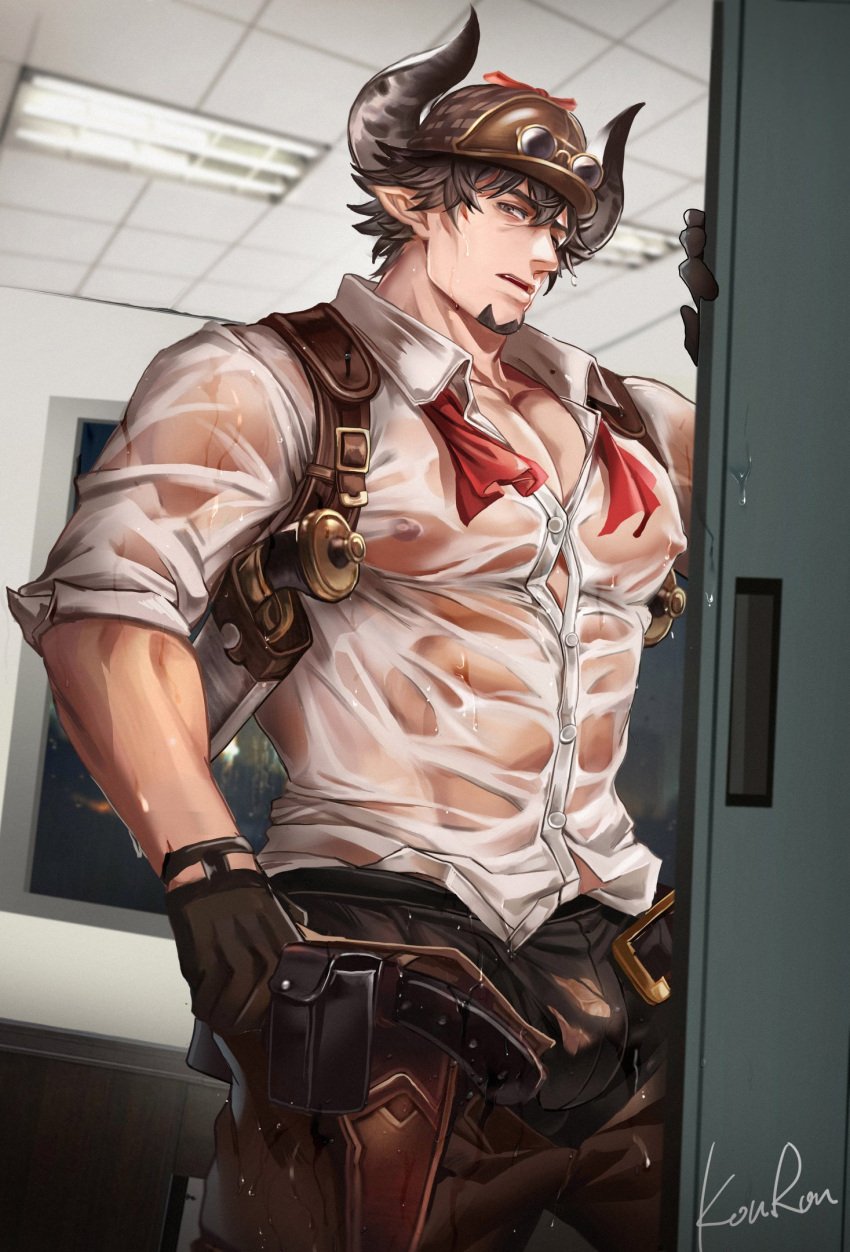 animal_ears anjingkuxiao balls bara barawa bulge clothing cow_ears draph facial_hair flaccid granblue_fantasy horns male male_only muscles muscular penis solo solo_male wet wet_clothes