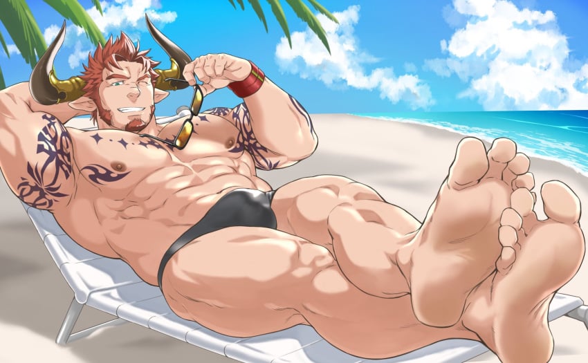 agielba animal_ears balls bara bulge cow_ears draph facial_hair feet flaccid granblue_fantasy horns kurotetsu kurotetsu1379 male male_only muscles muscular penis solo solo_male