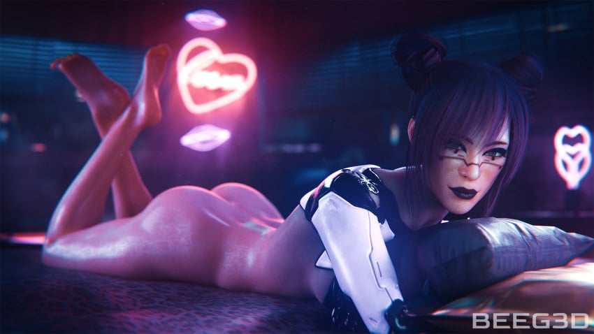 1girls asian asian_female ass bed beeg3d cd_projekt_red cybernetic_arm cybernetics cyberpunk_2077 feet feet_up light-skinned_female lipstick lying_on_bed lying_on_stomach prosthetic prosthetic_arm purple_hair rita_wheeler solo solo_female solo_focus thighs