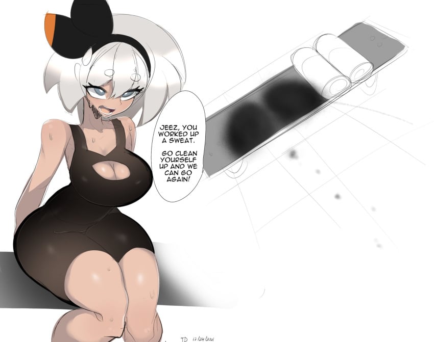 1girls ass bea_(pokemon) bench big_ass black_shorts blue_eyes bottom_heavy bubble_ass bubble_butt dark-skinned_female dark_skin gym gym_shorts pokemon pokemon_ss short_hair shorts sitting sweat sweatdrop sweating sweaty tight_clothing tight_fit tight_shorts towel twodust white_hair wide_hips