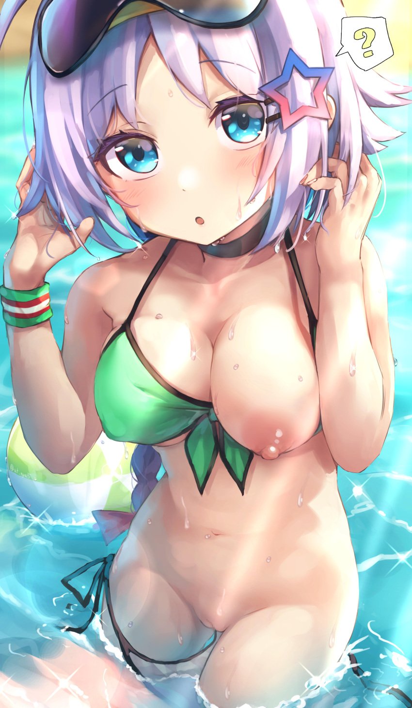 :o ? absurdres accident azur_lane ball beachball bikini blue_eyes blush breast_slip breasts caustics clueless confused dripping green_bikini hair_ornament head_tilt highres long_hair looking_at_viewer medium_breasts navel nicoloso_da_recco_(azur_lane) nipple_slip nipples ocean okura-chan_(at_nya5) one_breast_out open_mouth purple_hair pussy short_hair side-tie_bikini sparkle speech_bubble spoken_question_mark star_(symbol) star_hair_ornament swimsuit tareme unlikely_accident untied untied_bikini w_arms wading wardrobe_malfunction water water_drop wet wristband