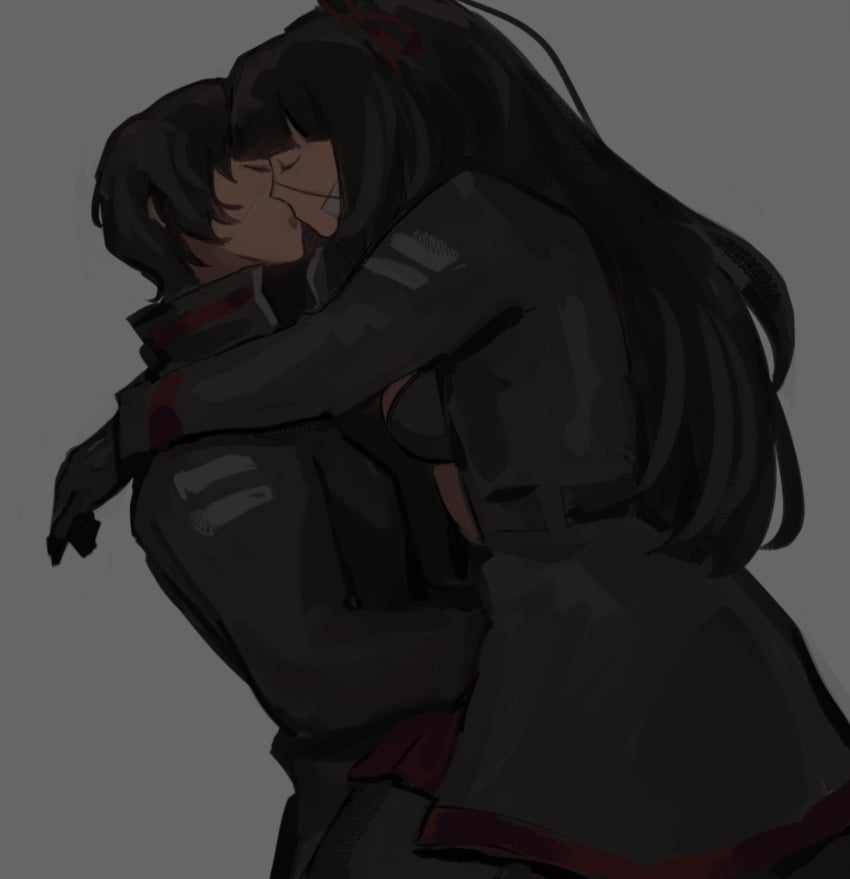 bandage black_hair bra dearpupa eyepatch kissing library_of_ruina long_hair project_moon scar shirt_open short_hair tenma_(library_of_ruina) yujin_(library_of_ruina) yuri yuri