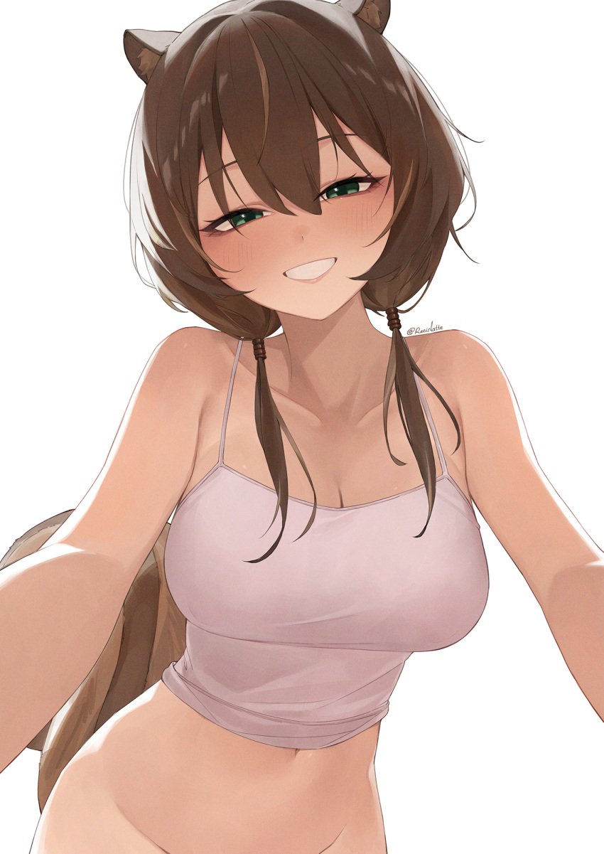 1girls ayunda_risu blush breasts brown_hair female female_only green_eyes hololive hololive_indonesia hololive_indonesia_area_15 huge_breasts light-skinned_female light_skin no_panties nose_blush raeis_(raeislatte) solo squirrel_ears squirrel_girl squirrel_tail tail top virtual_youtuber white_top