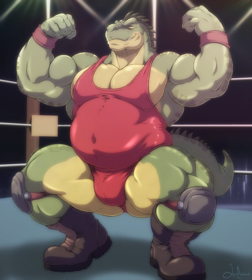 anthro biceps bulge dinosaur fighting_ring funeral-paws hi_res male musclegut muscular pecs prehistoric_species reptile scales scalie solo wrestling_outfit