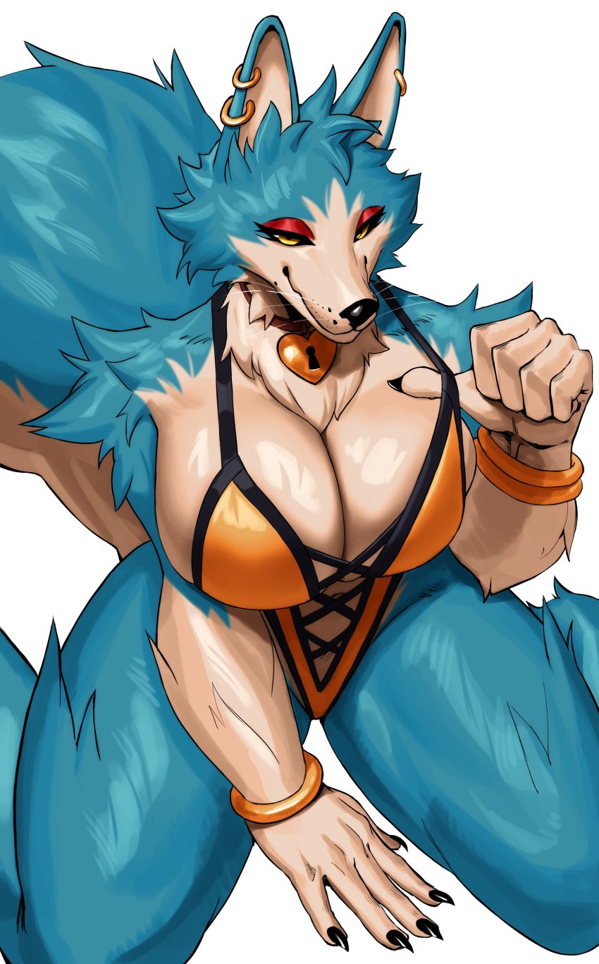 1girls absurd_res anthro big_breasts blue_fur bracelet bracelets canid canine earrings fur furry huge_breasts kloey_(pajamamcham) kneeling looking_at_viewer narrowed_eyes sharp_fingernails smiling smiling_at_viewer sotcho thick_thighs white_background wolf yellow_eyes