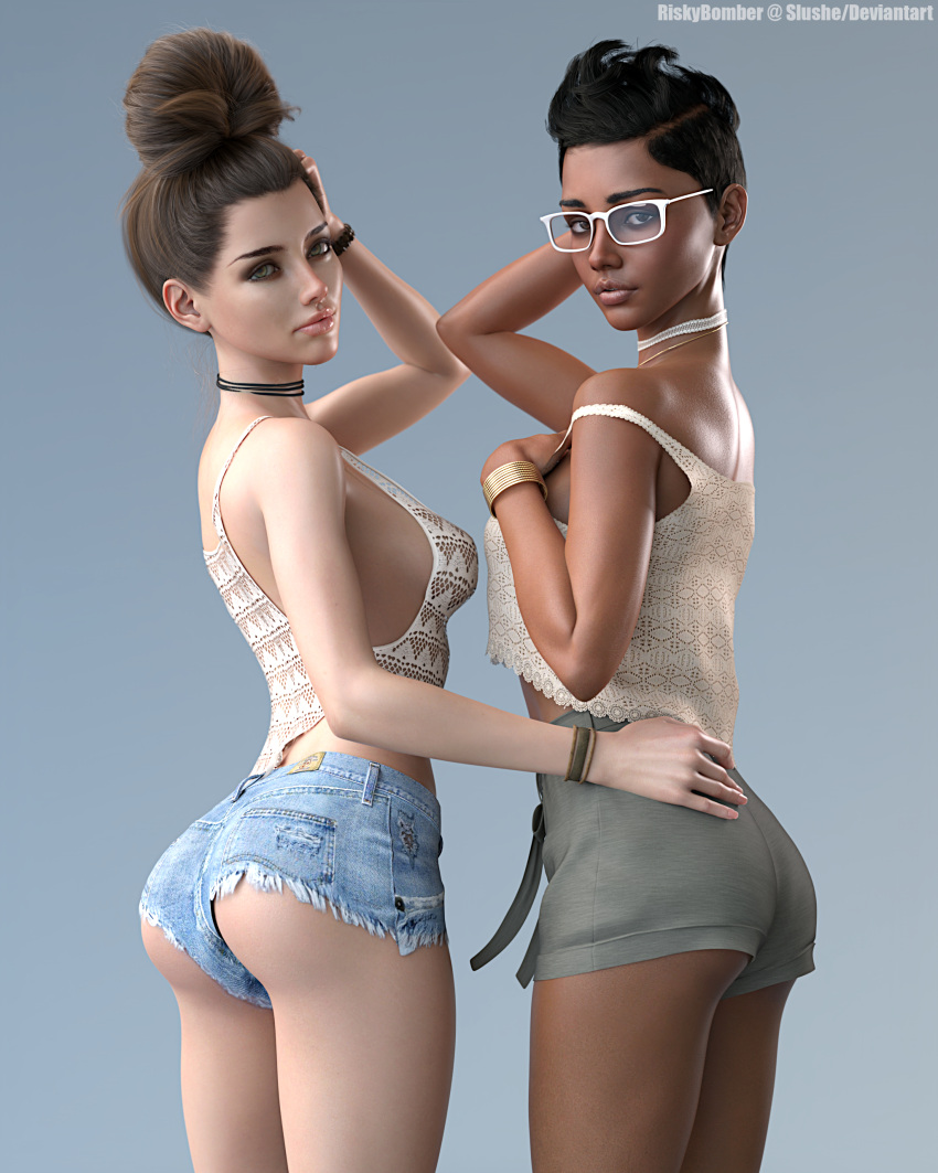 2girls 3d ass bracelet choker dark-skinned_female dark_skin female female_only glasses gold_necklace gray_background green_skirt grey_background heart_necklace jean_shorts kayla_(riskybomber) leotard looking_at_viewer medium_breasts multiple_girls necklace pinup riskybomber simple_background skirt slushe_(website) small_breasts solid_color_background white_choker white_glasses