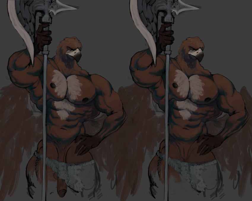 abs anthro avian balls beak biceps bird clothing elden_ring elden_ring_nightreign feathers fromsoftware fur genitals guardian_(nightreign) hair hand_on_hip hi_res juisce male male_only muscular muscular_anthro muscular_male muscular_thighs nipples nude pecs penis serratus simple_background sole_male solo tail triceps weapon wings