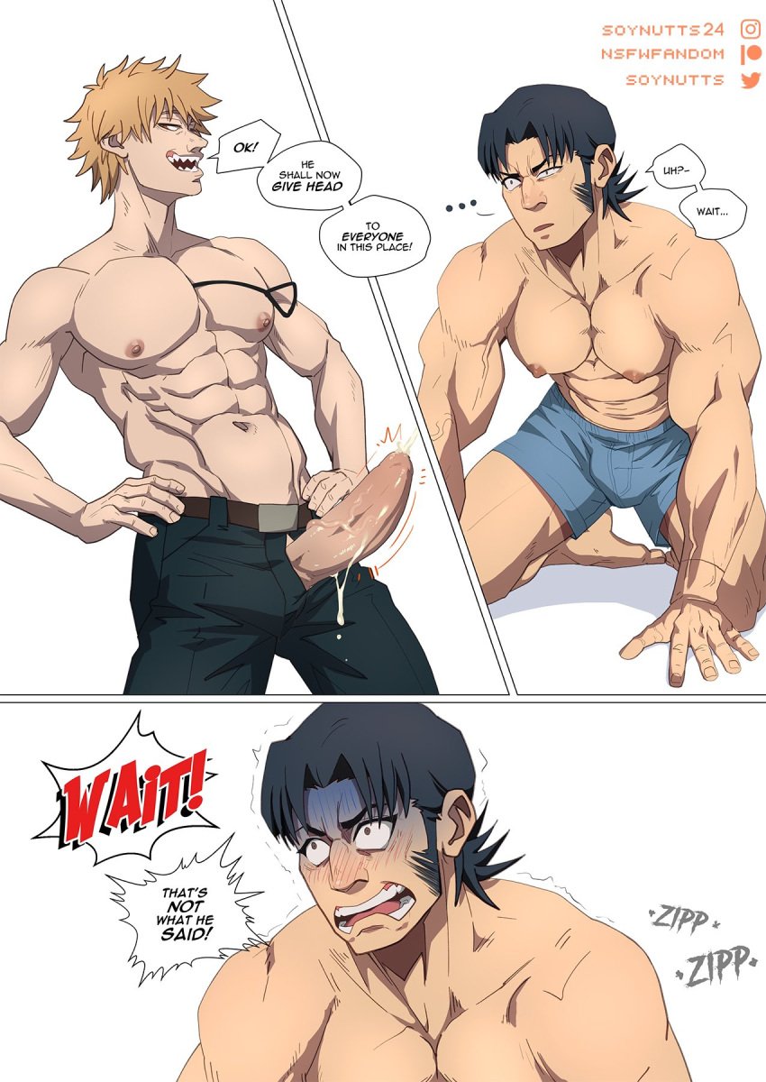 abs chainsaw_man cum cum_drip cum_dripping denji_(chainsaw_man) erect_penis erection gay katana_man male male_focus male_only muscular muscular_male nipples pants pecs penis penis_out shirtless shirtless_male soynutts topless topless_male veiny_penis yaoi