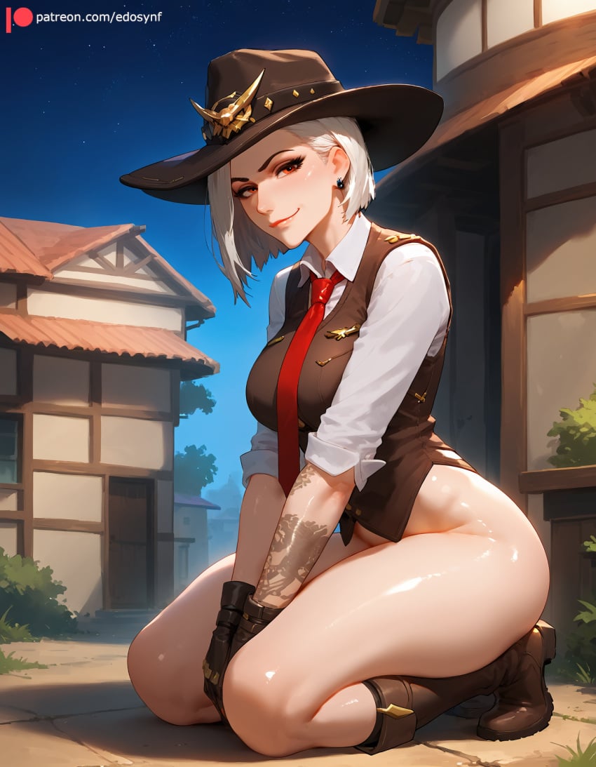 1girls ai_generated arm_tattoo ashe_(overwatch) ass black_gloves black_vest blizzard_entertainment boots bottomless bottomless_female brown_footwear brown_headwear building bush clear_sky closed_mouth collared_shirt cowboy_boots cowboy_hat cowboy_western earrings edosynf female fingerless_gloves from_side gloves ground hair_behind_ear hat head_tilt highres house huge_ass kneeling leather_boots light_smile looking_at_viewer necktie night on_ground outdoor_nudity outdoors overwatch overwatch_2 red_eyes red_necktie self_upload sexually_suggestive shiny shiny_hair shiny_skin shirt short_hair sky sleeves_rolled_up smirk solo solo_focus tattoo thick_thighs thighs vest white_hair white_shirt