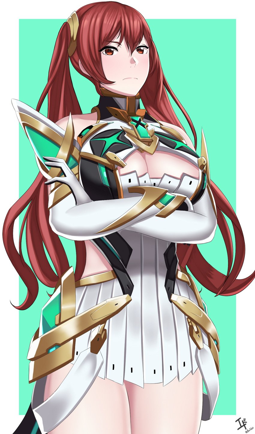 1girls alternate_costume arcedo bare_thighs breasts cleavage cosplay crossed_arms crossover female_only fire_emblem fire_emblem_awakening frown green_background large_breasts long_hair looking_at_viewer mythra_(xenoblade)_(cosplay) nintendo red_eyes red_hair severa_(fire_emblem) solo thighs twintails xenoblade_(series) xenoblade_chronicles_2