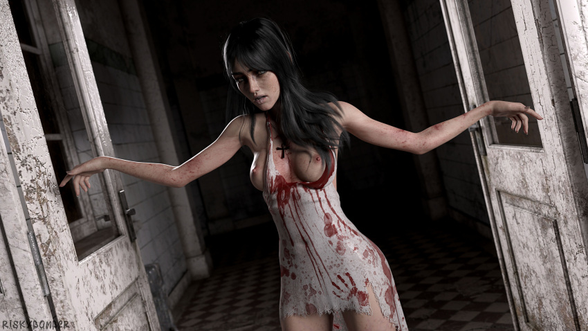 1girls 3d ankh_necklace autopsy_scar black_hair blood bloodstain blue_eyes breasts_out clothed clothing clouded_eyes depth_of_field dress female female_only indoors large_breasts long_hair looking_at_viewer medium_breasts mottled_body necklace nude nude_female pale-skinned_female pale_skin pinup riskybomber slushe_(website) solo solo_female standing undead white_dress zombie zombie_girl