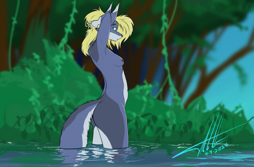 anthro blonde_hair breasts canid canine canis charity_cross commandercross digital_media_(artwork) ear_piercing female fur hair hi_res industrial_piercing mammal nude nude_anthro nude_female partially_submerged piercing skinny_dipping solo swimming tail wolf