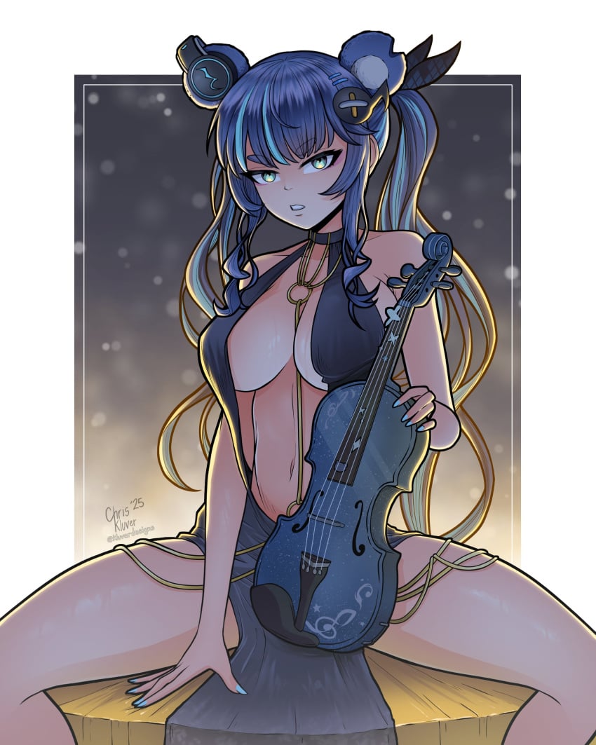 1girls animal_ears armpit bear_ears bear_girl belly_button blue_hair breasts clothed clothing dress female female_only fujikura_uruka green_eyes huge_breasts instrument kluverdesigns light-skinned_female light_skin musical_instrument phase_connect phase_origins solo violin virtual_youtuber