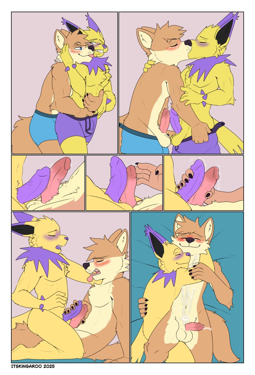 2025 balls blush bodily_fluids canid canine clothing comic eeveelution ejaculation erection frottage generation_1_pokemon genital_fluids genitals grinding hi_res humanoid_genitalia humanoid_penis jolteon kingdraws mammal nintendo nude penile penis pokemon pokemon_(species) precum rubbing sex tongue underwear undressing