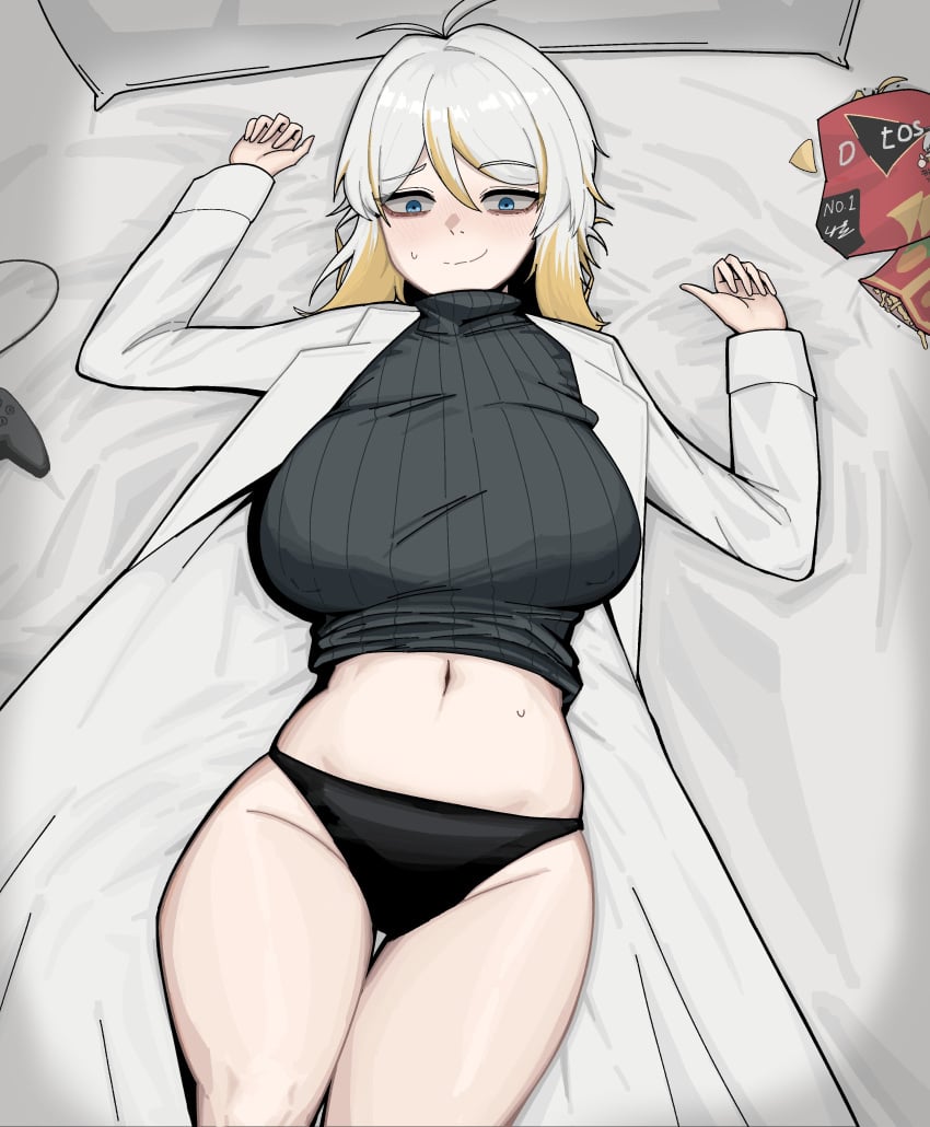 1girls bag_of_chips blonde_hair blush breasts eyebrows_visible_through_hair faust_(limbus_company) female female_only hair_between_eyes huge_breasts labcoat limbus_company lube_b_c lying_on_back midriff multicolored_hair navel on_bed panties pillow project_moon sweat sweatdrop sweater sweater_lift thick_thighs video_game_controller white_hair