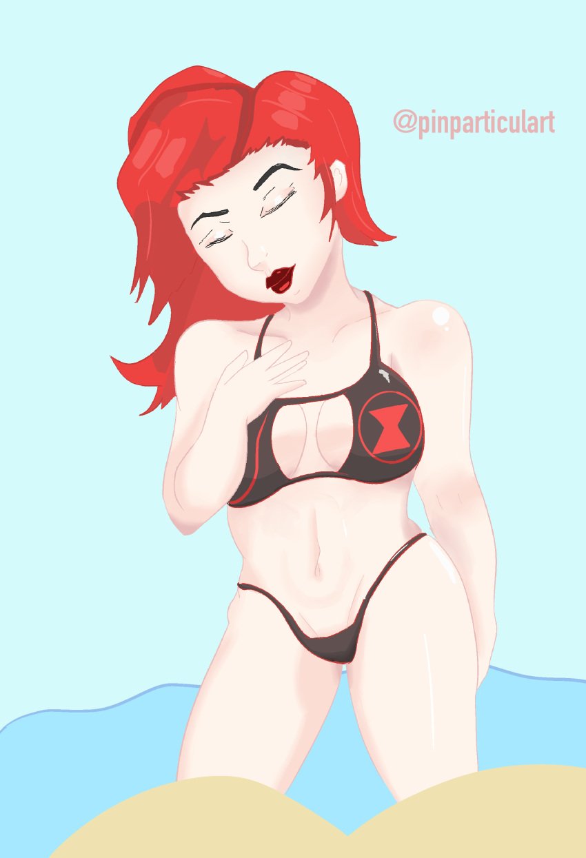 black_swimsuit black_widow_(marvel) blackwidow closed_eyes color female_only marvel marvel_comics marvel_rivals red_hair red_hair summer swimsuit