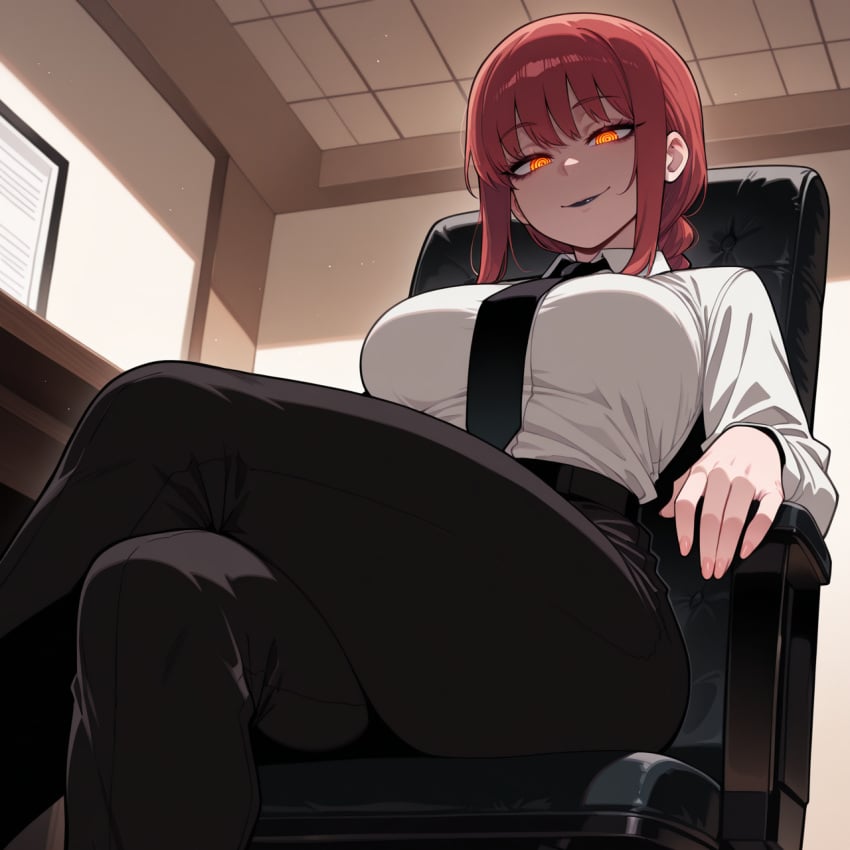 ai_generated black_lipstick black_pants chainsaw_man female glowing_eyes large_breasts looking_at_viewer makima_(chainsaw_man) necktie office red_hair ringed_eyes smile smiling sole_female thick_thighs white_shirt