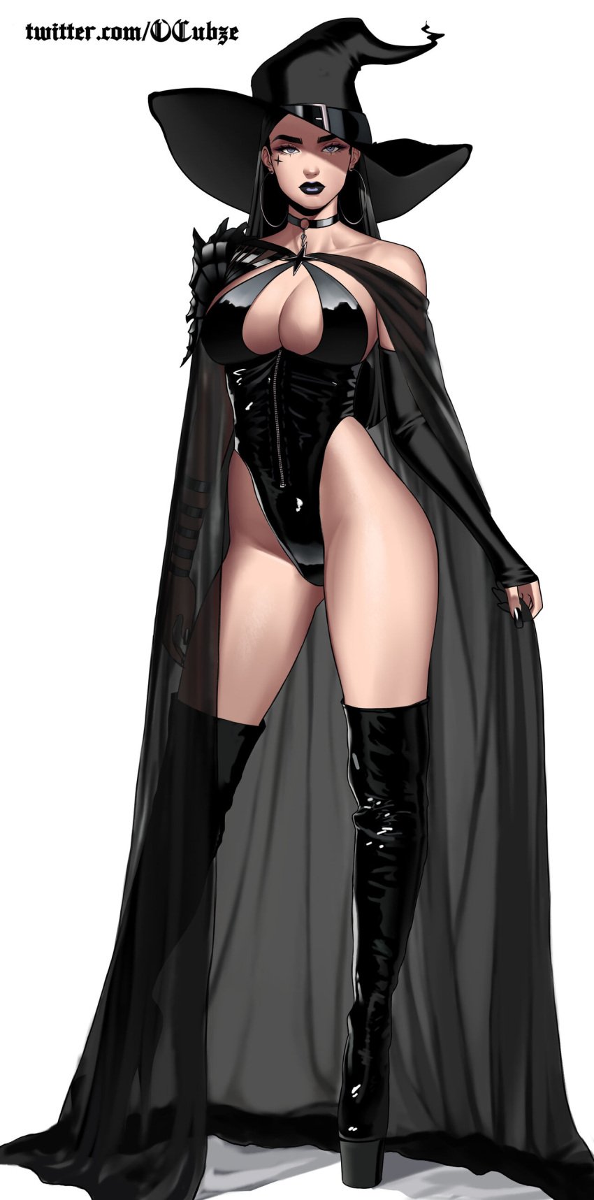 1girls big_breasts black_lipstick choker cleavage cloak goth high_heel_boots hoop_earrings lara_(otto_cubze) latex looking_at_viewer otto_cubze platform_heels solo tagme white_background witch_hat