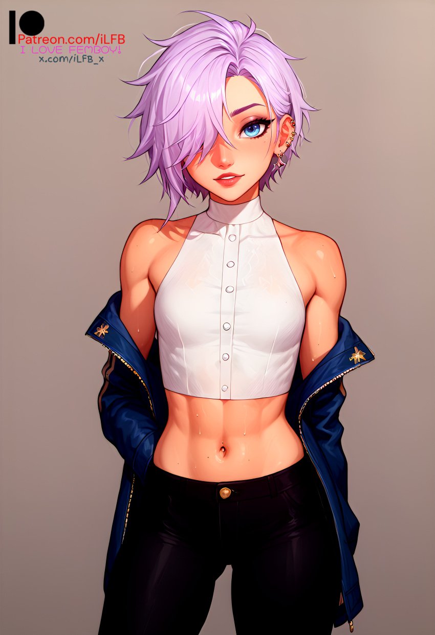 1boy ai_generated blue_eyes crossdressing ear_piercing earrings femboy flat_chest hair_over_one_eye ilfb looking_away pink_hair purple_hair short_hair solo solo_focus standing trap yaoi