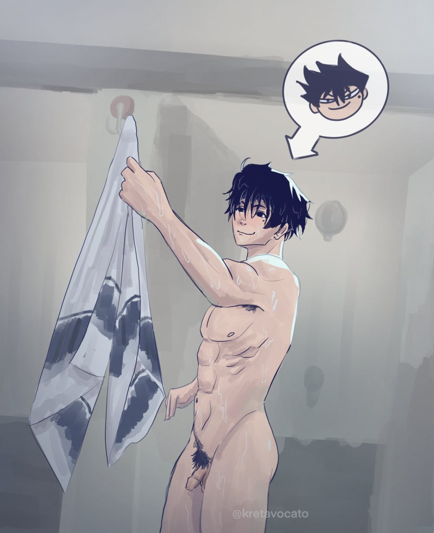 average_sized_penis black_hair blue_lock casual_exposure casual_nudity flaccid foreskin hair_down karasu_tabito male male_only penis pubes pubic_hair realistic_penis_size shower showering towel uncircumcised uncut wet wet_body