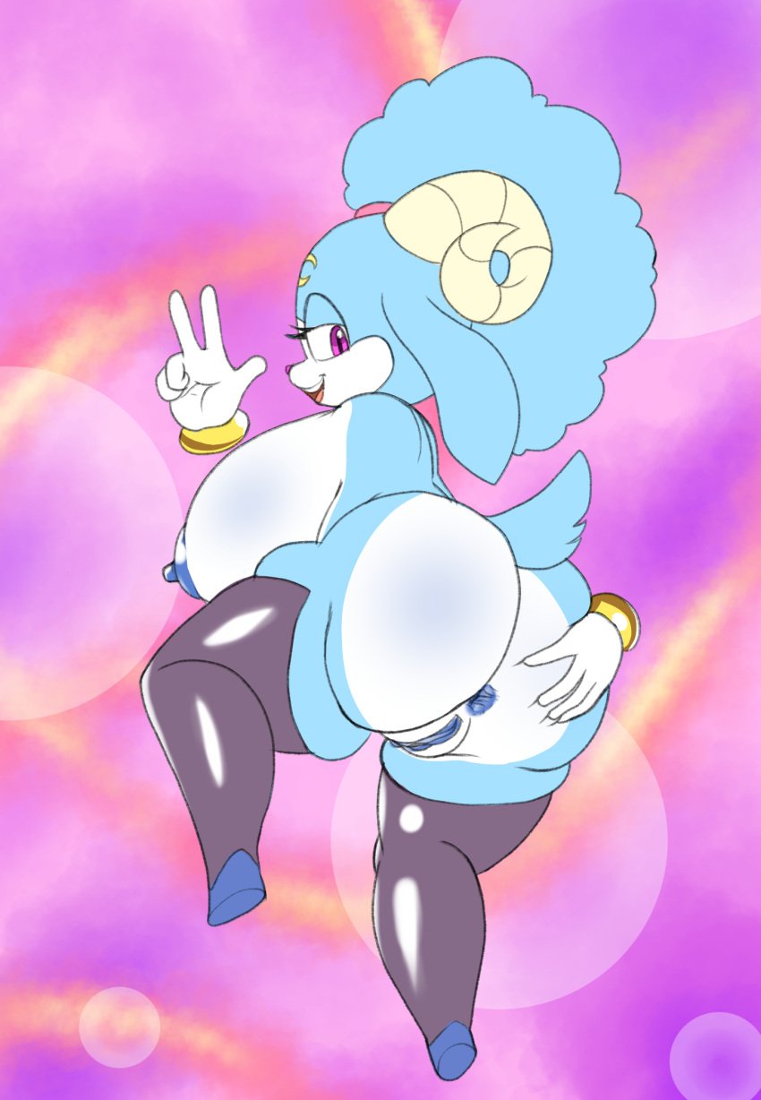 anthro anus ariem_(sonic) armless ass big_breasts blue_body bovid breasts butt_grab caprine disembodied_hand female floating fours_(artist) fourssss genitals gesture hand_gesture hand_on_butt hi_res looking_back mammal purple_eyes pussy sega sheep slightly_chubby solo sonic_(series) sonic_dream_team sonic_the_hedgehog_(series) spread_butt spreading v_sign