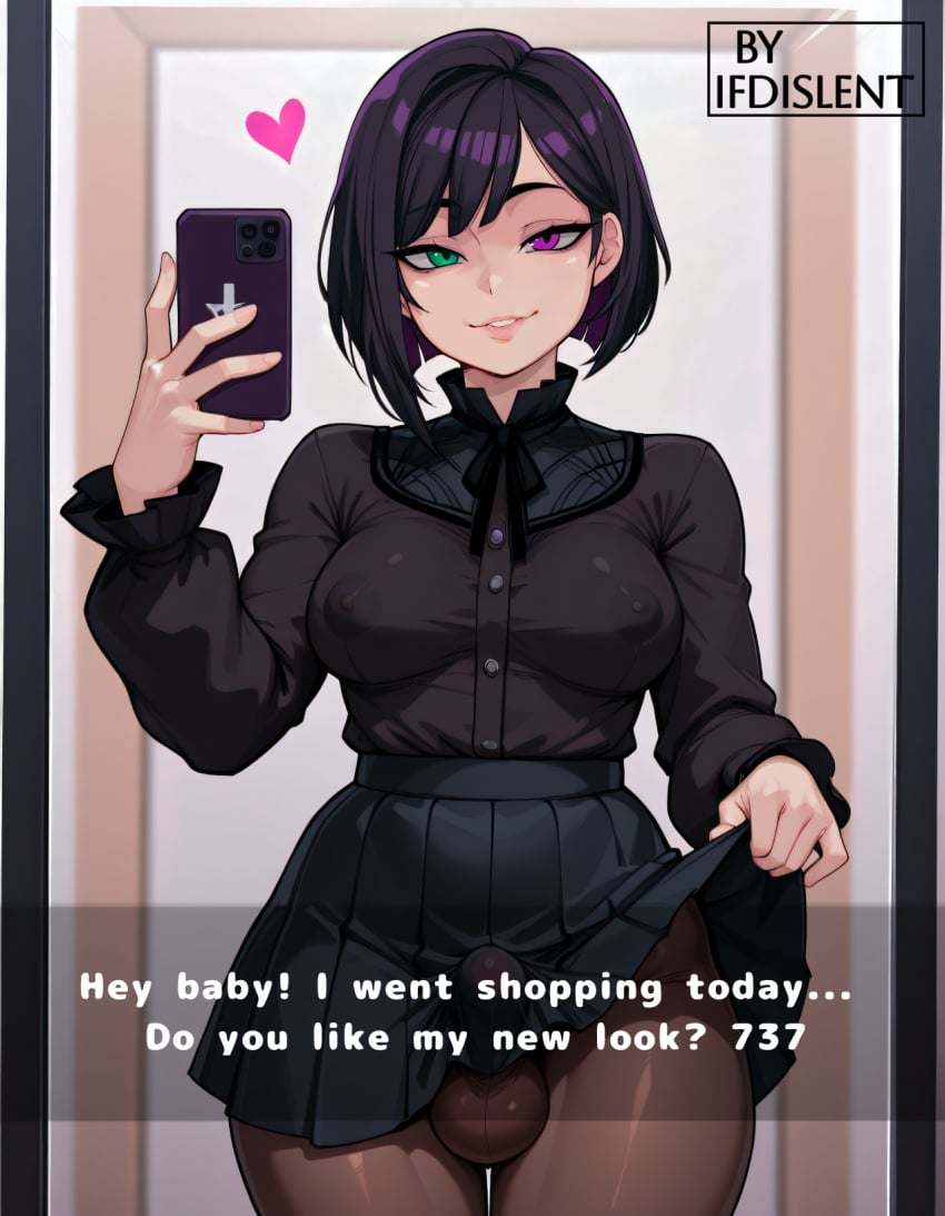 1futa ai_generated black_hair blouse breasts bulge bulge_through_clothing bulge_under_clothes english english_text female full_lips futanari green_eyes heart heart_symbol heterochromia holding holding_object holding_phone ifdislent intersex lifted_by_self lifting medium_breasts mirror mirror_selfie nipple_bulge nipples_visible_through_clothing pantyhose phone purple_eyes ribbon selfie short_hair skirt skirt_lift text thighs