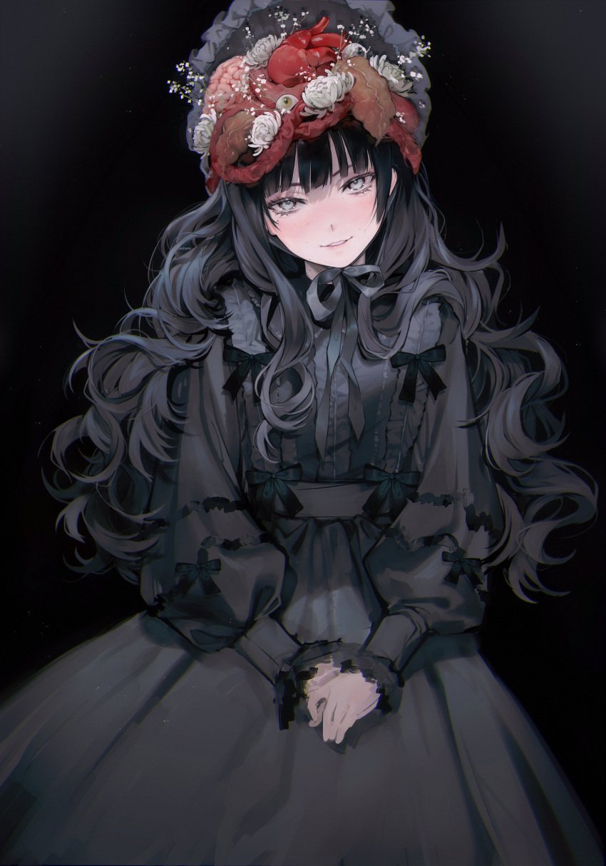 absurdres aegyo_sal black_background black_dress black_hair black_theme bonnet brain brain_hair_ornament commentary curly_hair disembodied_eye dress eyeball_hair_ornament female flower freckles frilled_dress frilled_sleeves frills gothic_lolita grey_eyes guro hair_flower hair_ornament heart heart_(organ) heart_(organ)_hair_ornament heart_hair_ornament highres intestine_hair_ornament intestines lolita_fashion long_hair long_sleeves mazamuno mole organ_hair_ornament original parted_lips revision simple_background sleeves_past_wrists solo