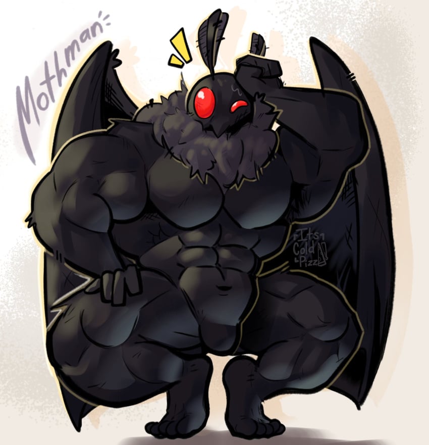 abs barefoot black_body cute_face cute_male goober hand_on_thigh its_coldpizzart male moth moth_humanoid moth_wings mothman muscles muscular muscular_male neck_fluff neck_tuft pecs red_eyes squatting wings