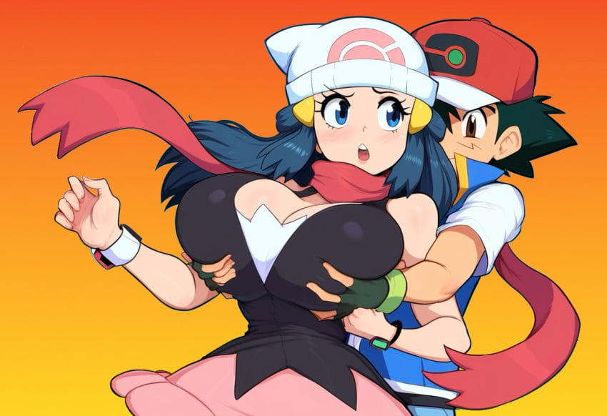 1boy ai_generated breast_grab breasts dawn_(pokemon) female huge_breasts mullon muscular_male novelai paulinebabe pokemon pokemon_(anime) pokemon_dppt pokemon_journeys pokemon_protagonist satoshi_(pokemon) straight