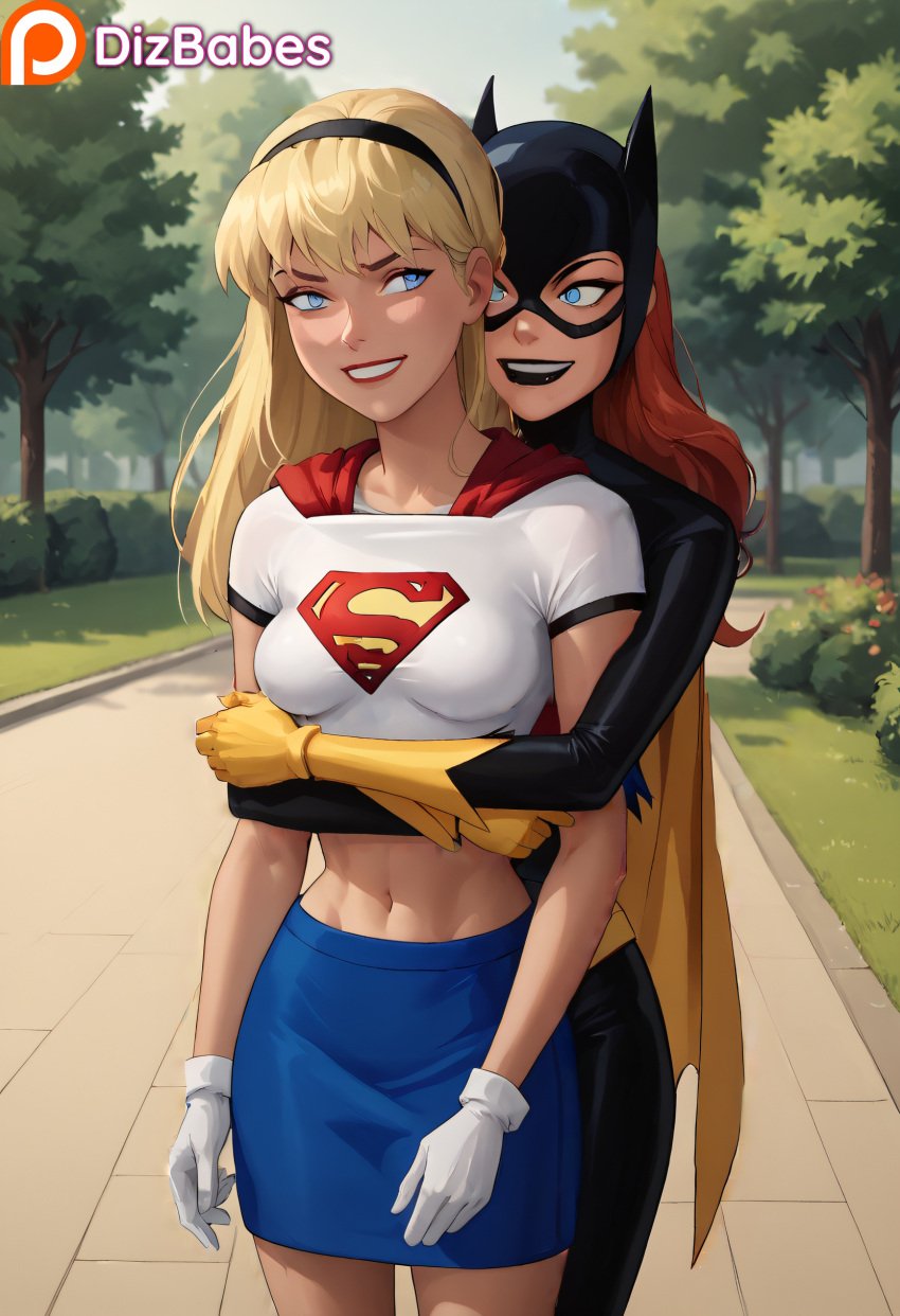 2girls ai_generated barbara_gordon batgirl blonde_hair blue_eyes costume dc_comics dcau dizbabes fully_clothed headband hug_from_behind kara_zor-el red_hair stable_diffusion supergirl