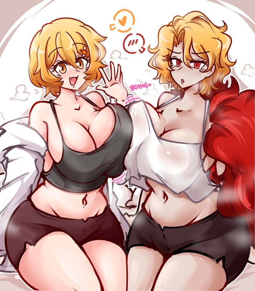 2girls :3 :o black_shirt blonde_hair blush dankestsin don_quixote_(limbus_company) dual_persona english_text eyebrows_visible_through_hair fangs female female_only light-skinned_female light_skin limbus_company messy_hair musk navel off_shoulder open_mouth open_shirt project_moon red_eyes sancho_(limbus_company) short_hair shorts sleeveless_shirt smile spoken_blush spoken_heart steam take_your_pick tank_top thick_thighs white_shirt yellow_eyes