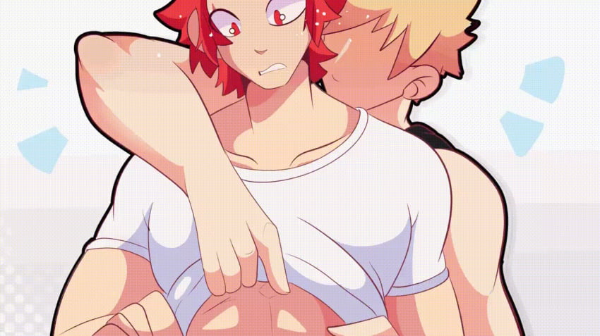 2boys animated bara blonde_hair blush eijirou_kirishima galaximonkey gay katsuki_bakugou man_boobs my_hero_academia pulling_shirt red_hair shy spiky_hair white_background yaoi