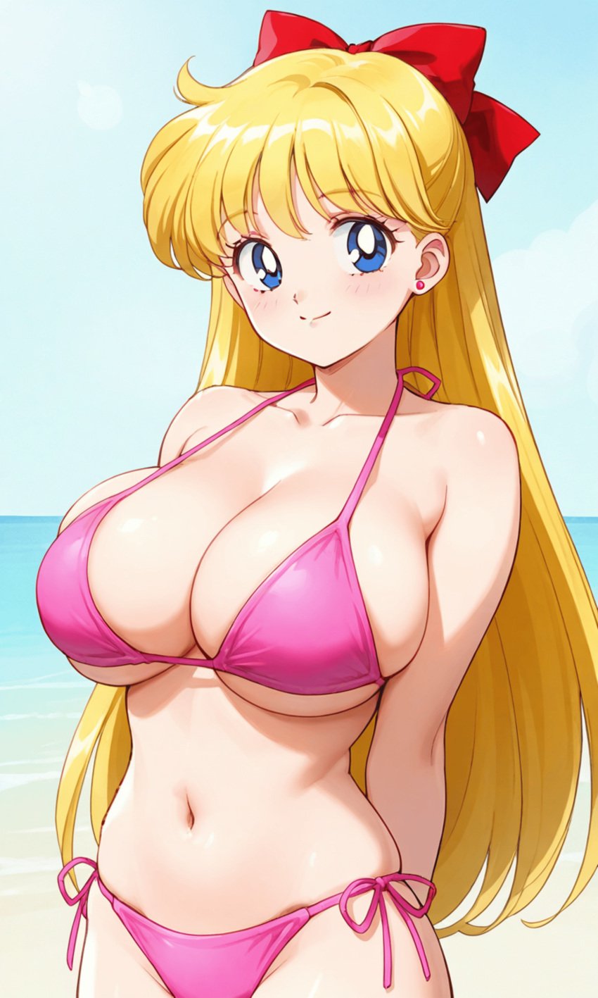 1girls arms_behind_back beach big_breasts bishoujo_senshi_sailor_moon blonde_hair blue_eyes breasts busty cleavage female female_only hair_ribbon hi_res large_breasts legs long_hair looking_at_viewer minako_aino navel ocean pink_bikini pose posing side-tie_bikini sideboob smile solo thighs voluptuous water